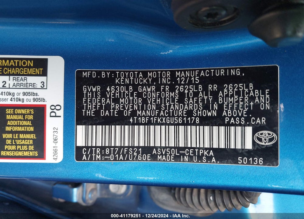 2016 TOYOTA CAMRY SE VIN: 4T1BF1FKXGU561178