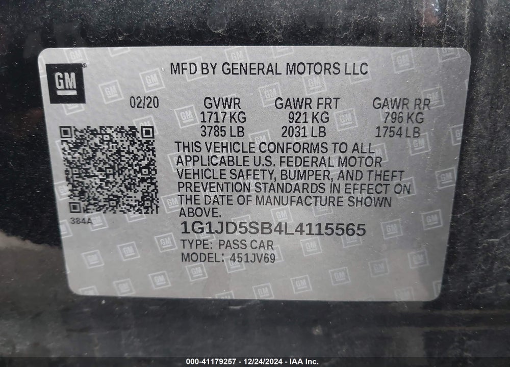 2020 CHEVROLET SONIC VIN: 1G1JD5SB4L4115565
