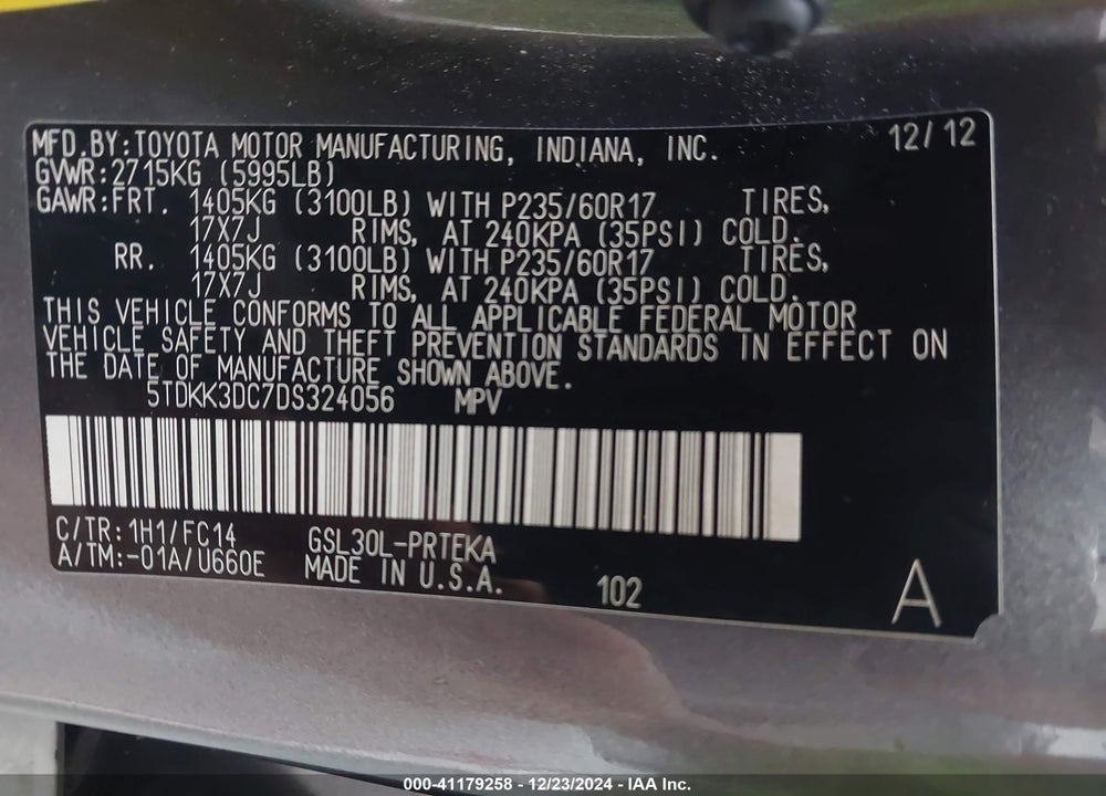 2013 TOYOTA SIENNA VIN: 5TDKK3DC7DS324056