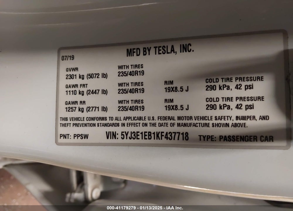 2019 TESLA MODEL 3 VIN: 5YJ3E1EB1KF437718