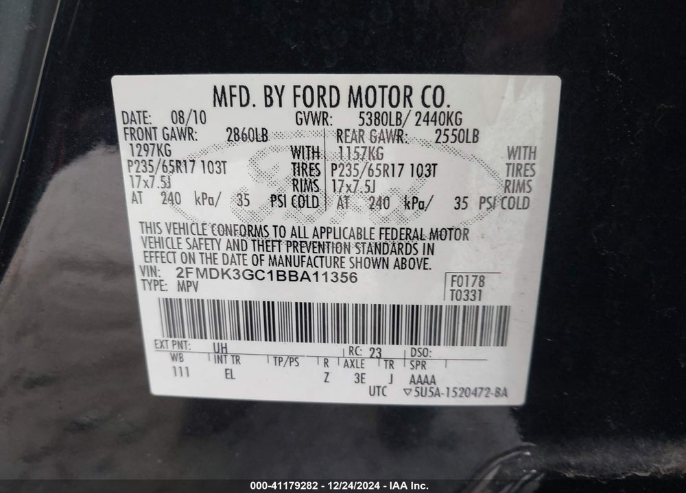 2011 FORD EDGE SE VIN: 2FMDK3GC1BBA11356