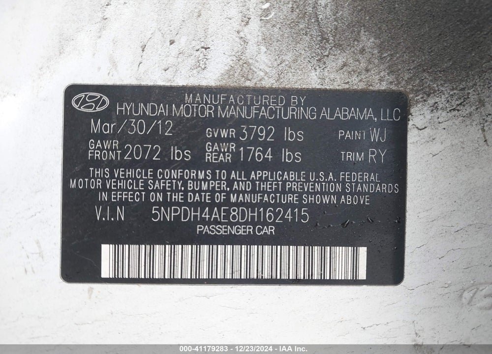 2013 HYUNDAI ELANTRA LIMITED VIN: 5NPDH4AE8DH162415