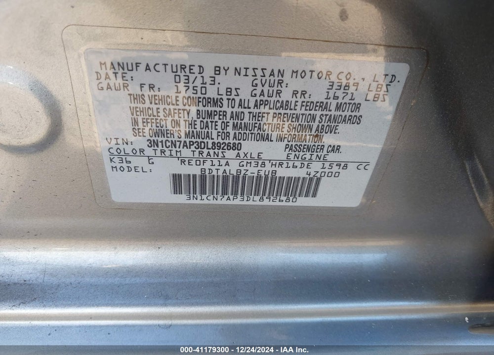 2013 NISSAN VERSA 1.6 SV VIN: 3N1CN7AP3DL892680