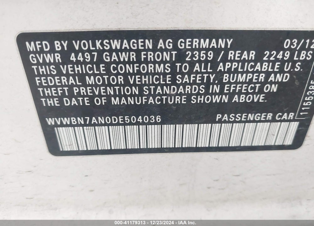 2013 VOLKSWAGEN CC VIN: WVWBN7AN0DE504036