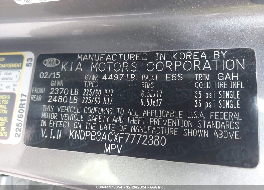 2015 KIA SPORTAGE LX VIN: KNDPB3ACXF7772380