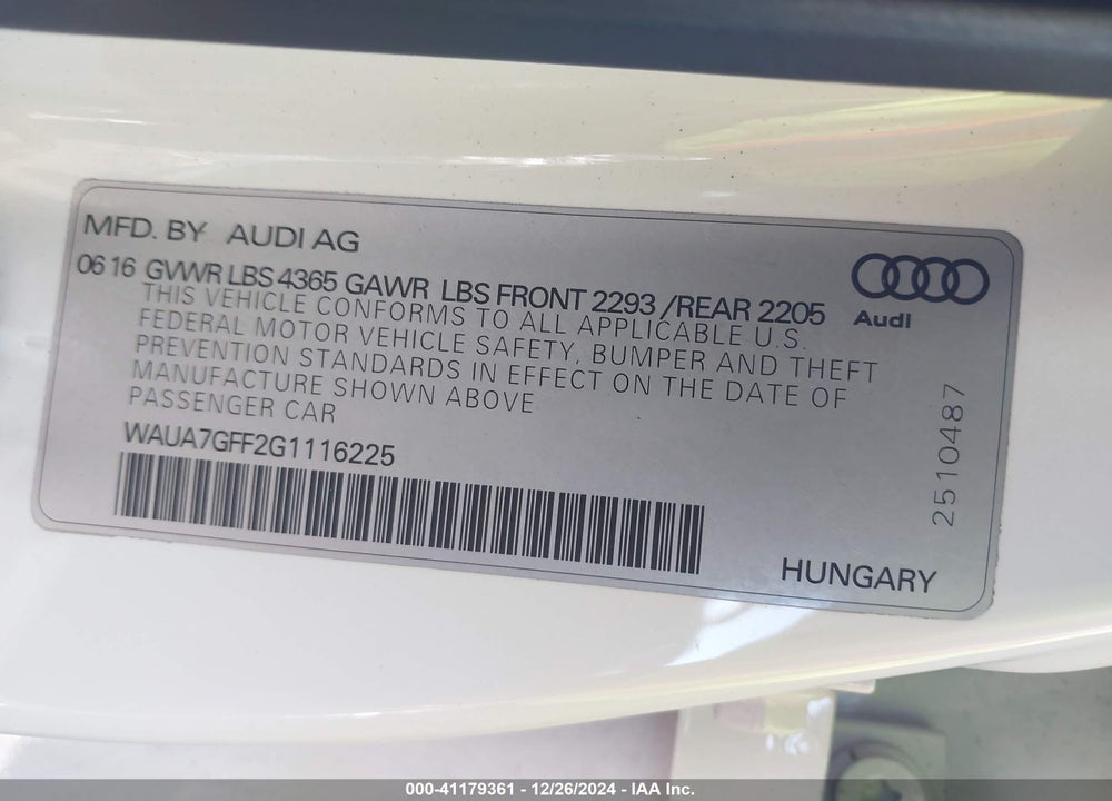 2016 AUDI A3 1.8T PREMIUM VIN: WAUA7GFF2G1116225