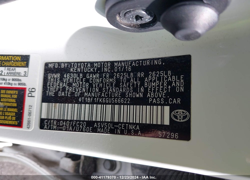 2016 TOYOTA CAMRY VIN: 4T1BF1FK6GU566622
