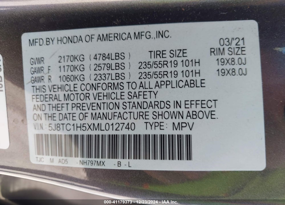 2021 ACURA RDX TECHNOLOGY PACKAGE VIN: 5J8TC1H5XML012740