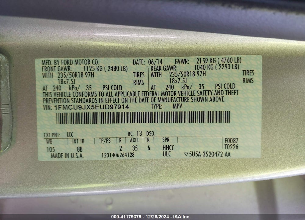 2014 FORD ESCAPE TITANIUM VIN: 1FMCU9JX5EUD97914