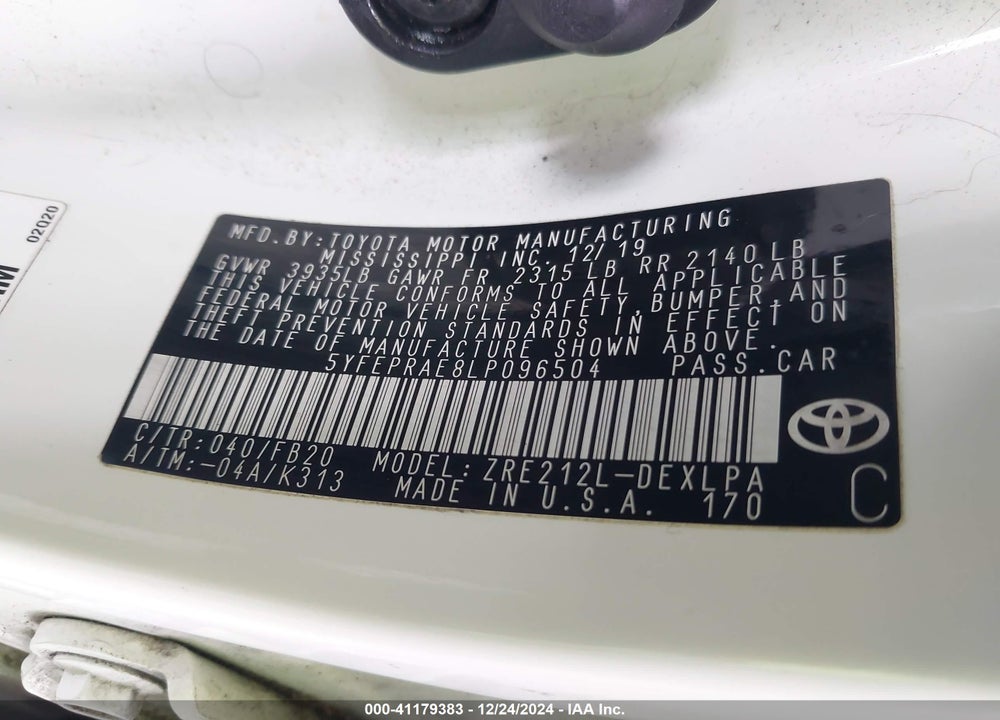 2020 TOYOTA COROLLA VIN: 5YFEPRAE8LP096504