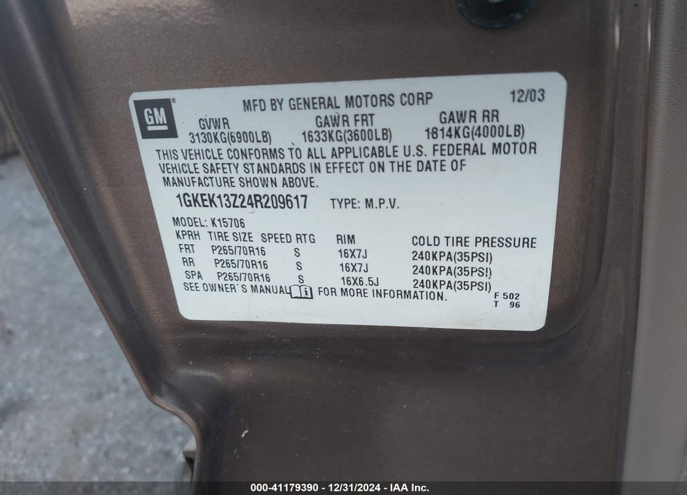 2004 GMC YUKON SLE VIN: 1GKEK13Z24R209617