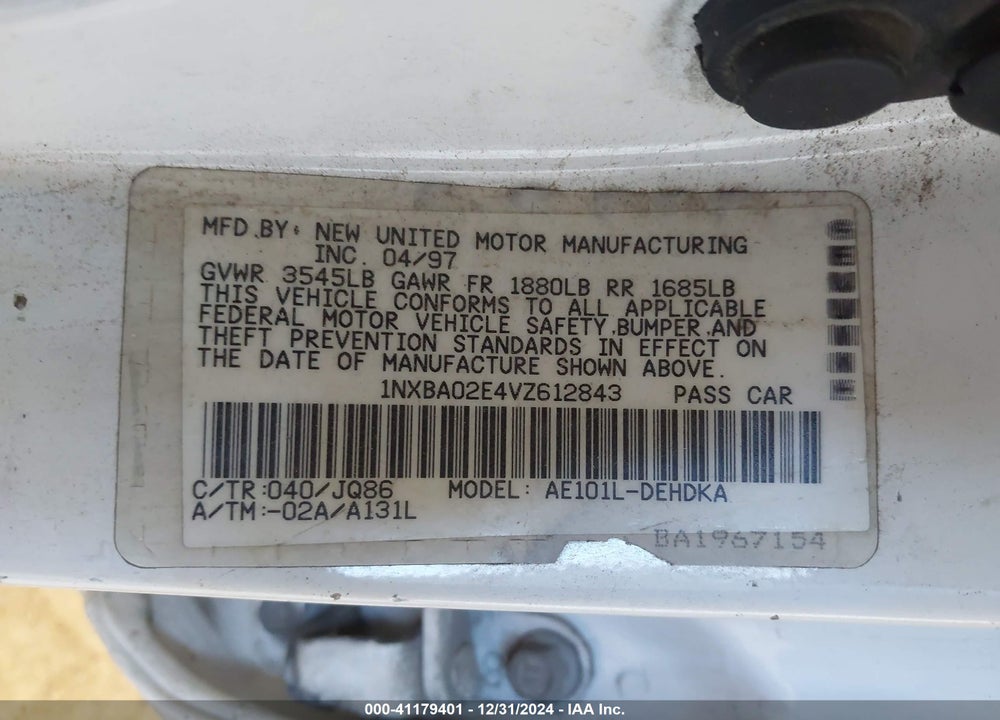 1997 TOYOTA COROLLA STD VIN: 1NXBA02E4VZ612843
