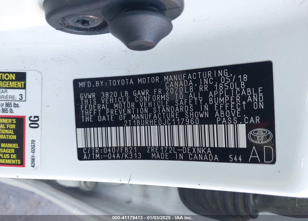 2018 TOYOTA COROLLA L/LE/XLE/SE/XSE VIN: 2T1BURHE0JC117960