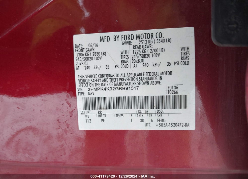 2016 FORD EDGE TITANIUM VIN: 2FMPK4K92GBB91517