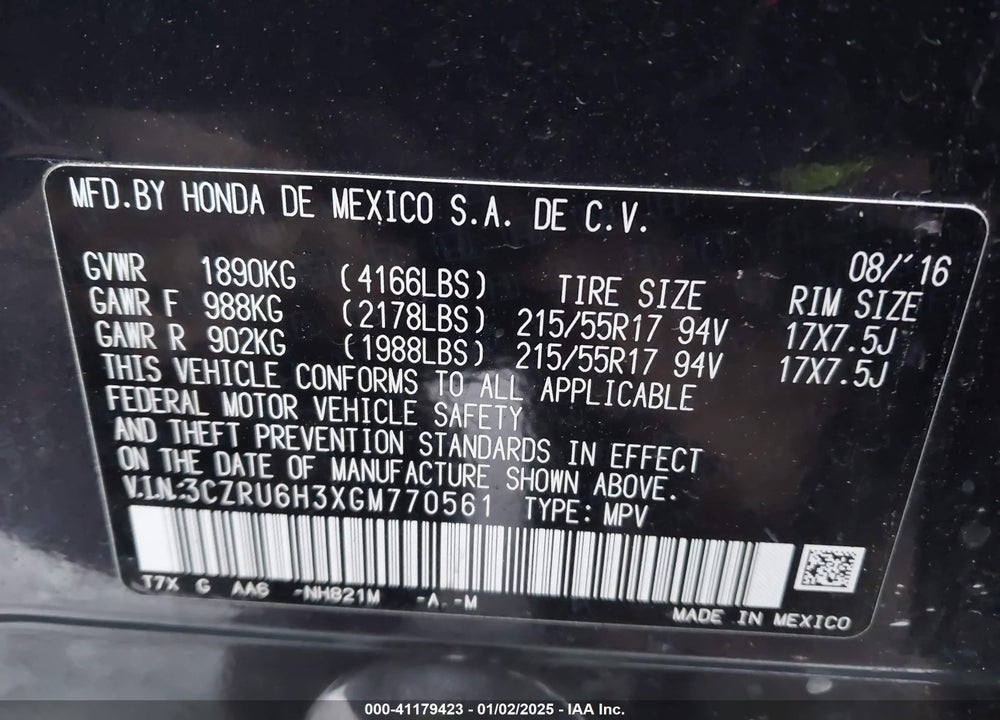 2016 HONDA HR-V LX VIN: 3CZRU6H3XGM770561