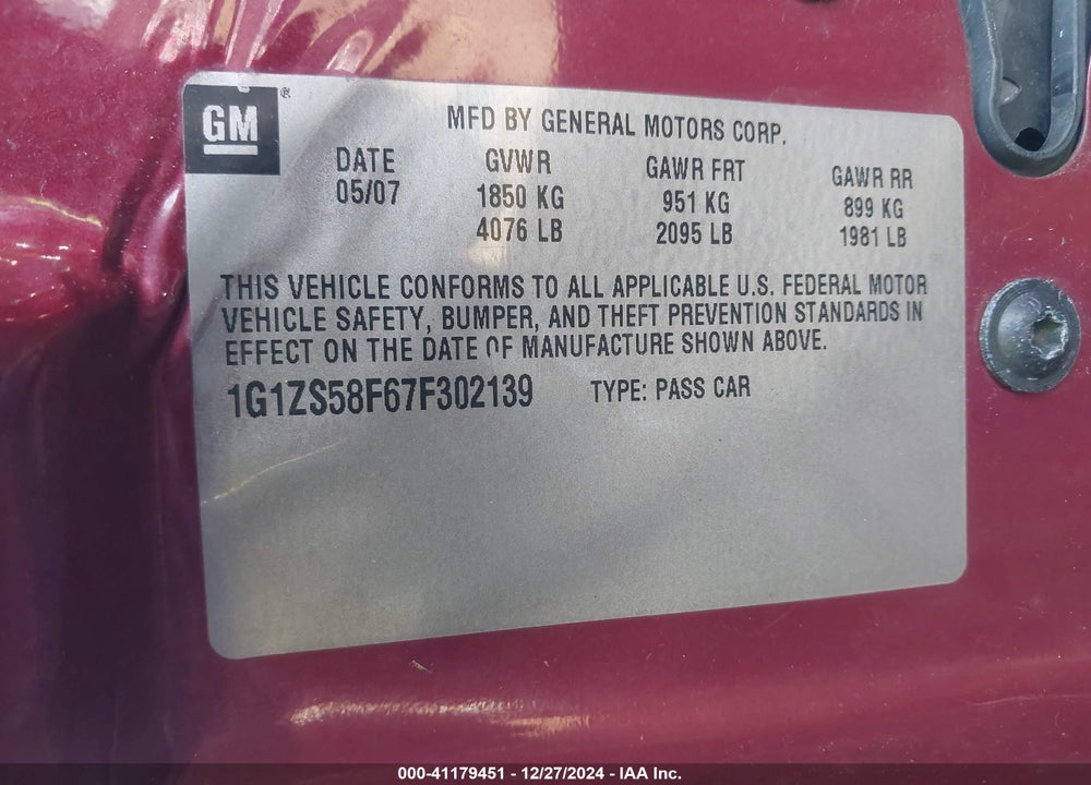 2007 CHEVROLET MALIBU LS VIN: 1G1ZS58F67F302139