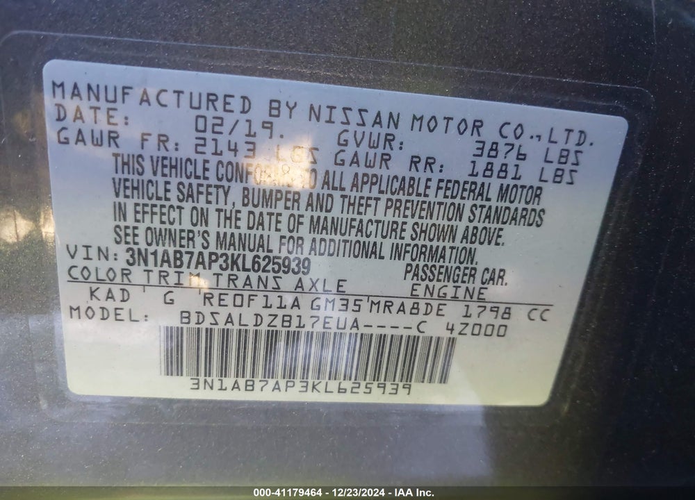 2019 NISSAN SENTRA SV VIN: 3N1AB7AP3KL625939