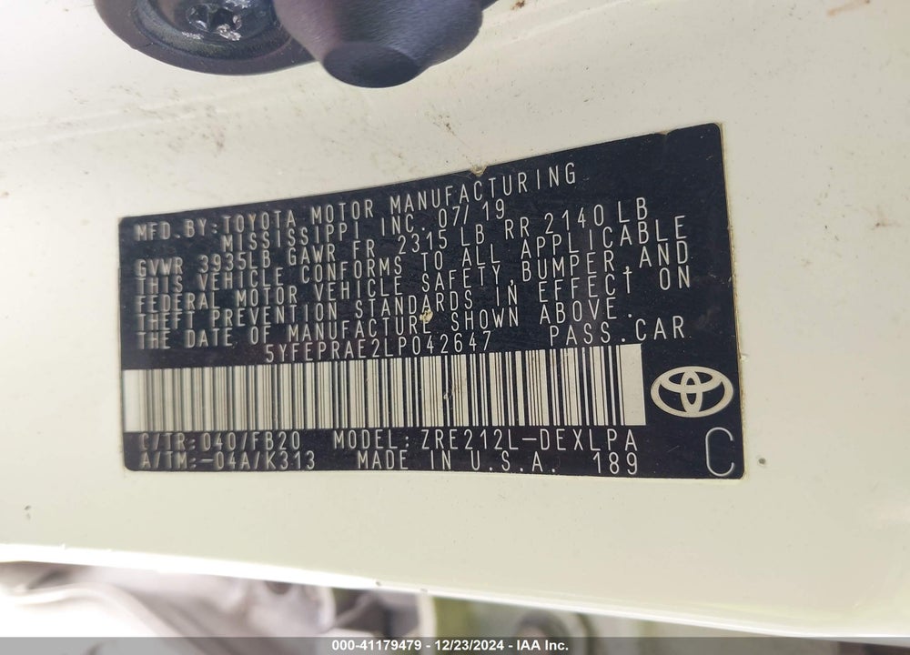 2020 TOYOTA COROLLA LE VIN: 5YFEPRAE2LP042647