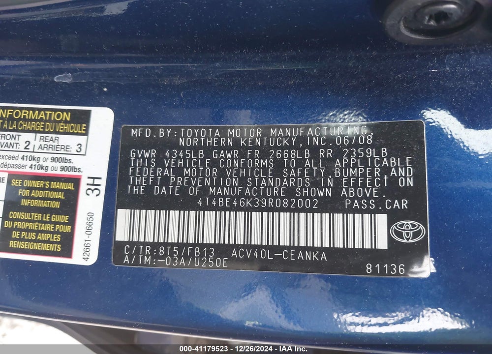 2009 TOYOTA CAMRY LE VIN: 4T4BE46K39R082002