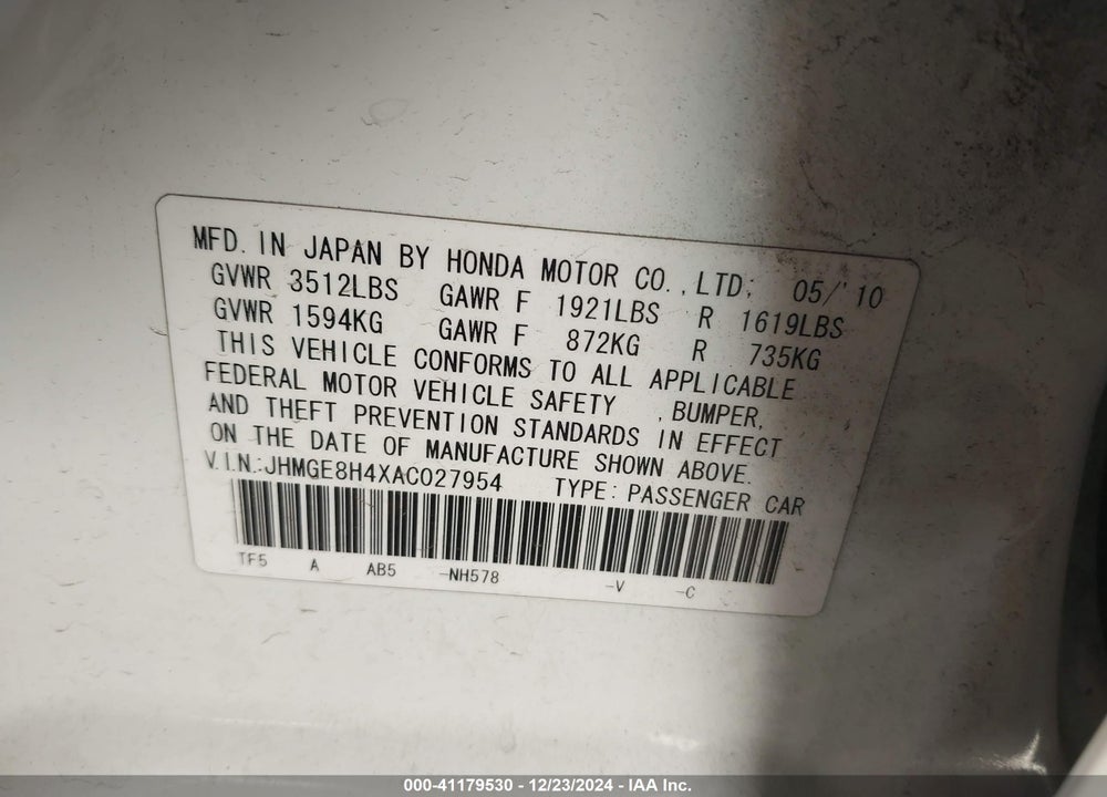 2010 HONDA FIT SPORT VIN: JHMGE8H4XAC027954