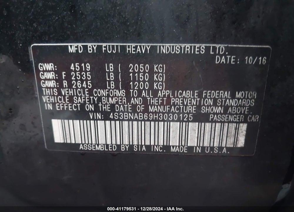 2017 SUBARU LEGACY 2.5I VIN: 4S3BNAB69H3030125