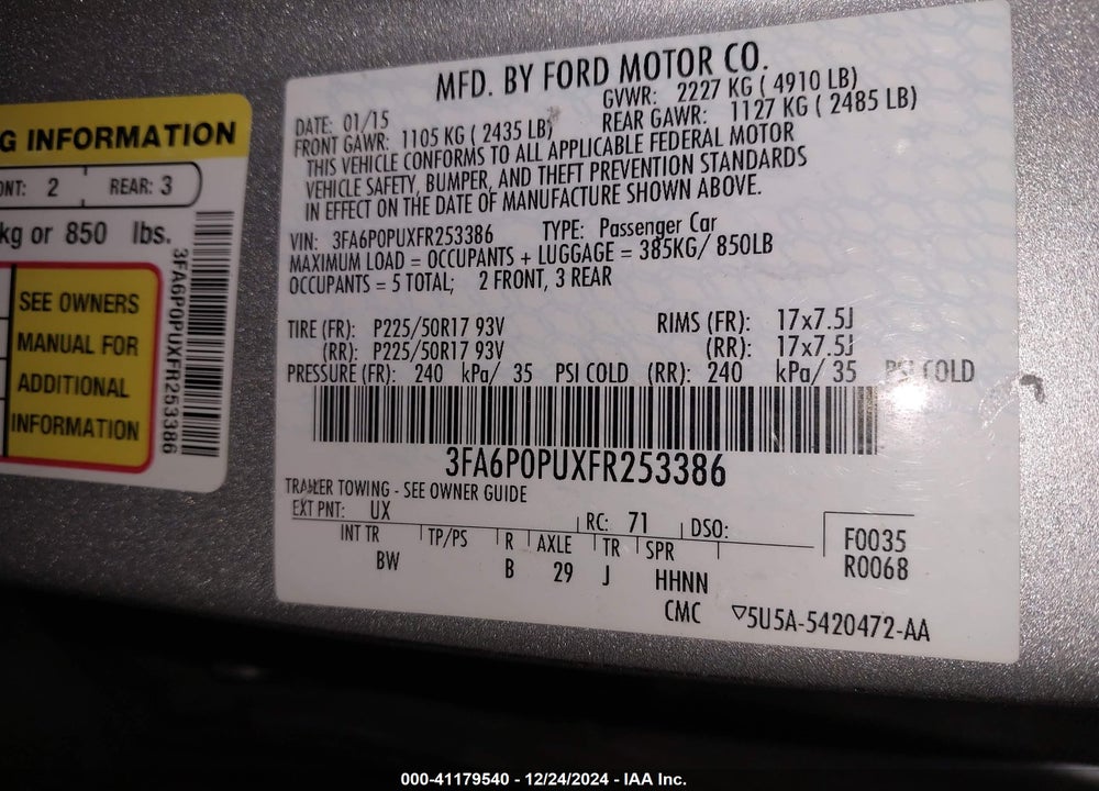 2015 FORD FUSION ENERGI VIN: 3FA6P0PUXFR253386