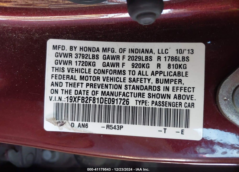 2013 HONDA CIVIC VIN: 19XFB2F81DE091726