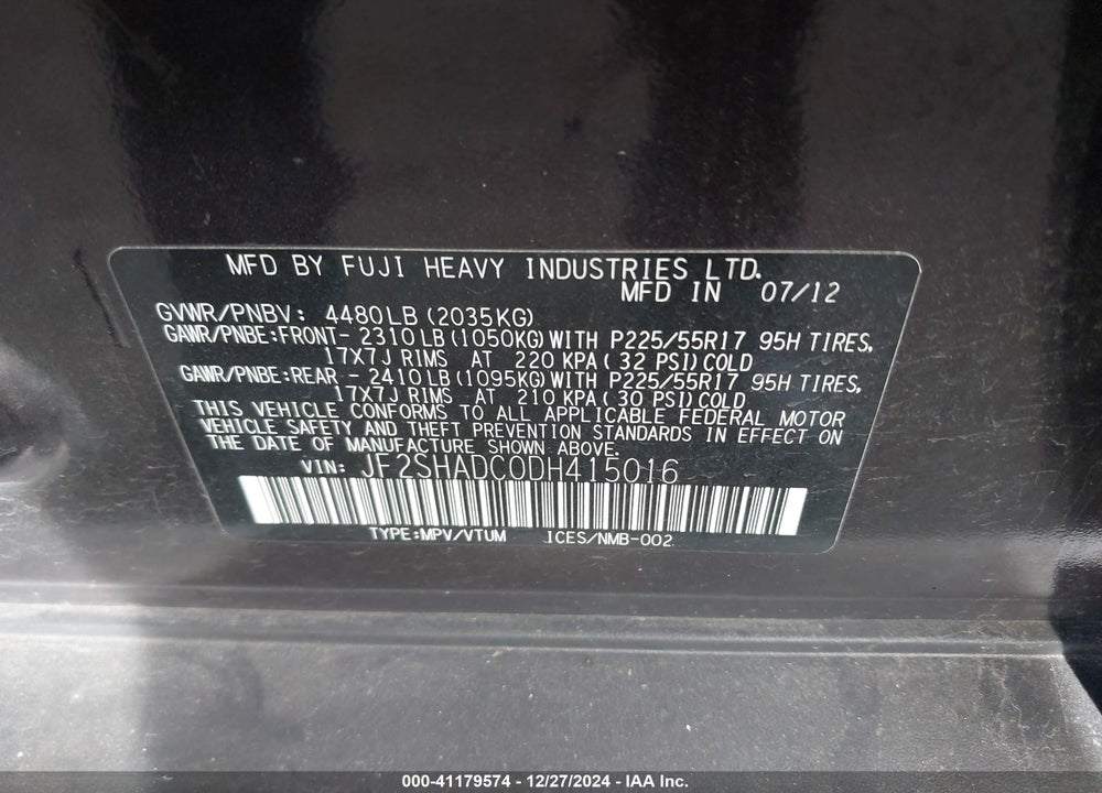 2013 SUBARU FORESTER 2.5X PREMIUM VIN: JF2SHADC0DH415016