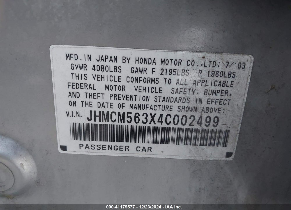 2004 HONDA ACCORD 2.4 LX VIN: JHMCM563X4C002499