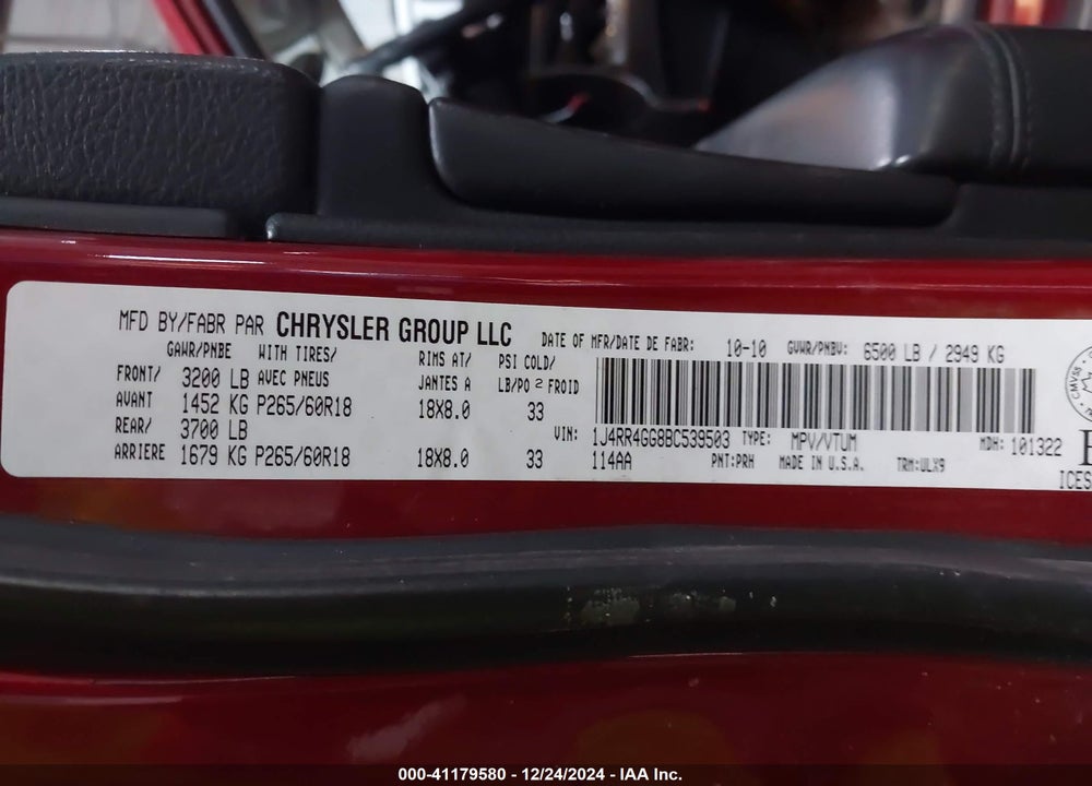 2011 JEEP GRAND CHEROKEE VIN: 1J4RR4GG8BC539503