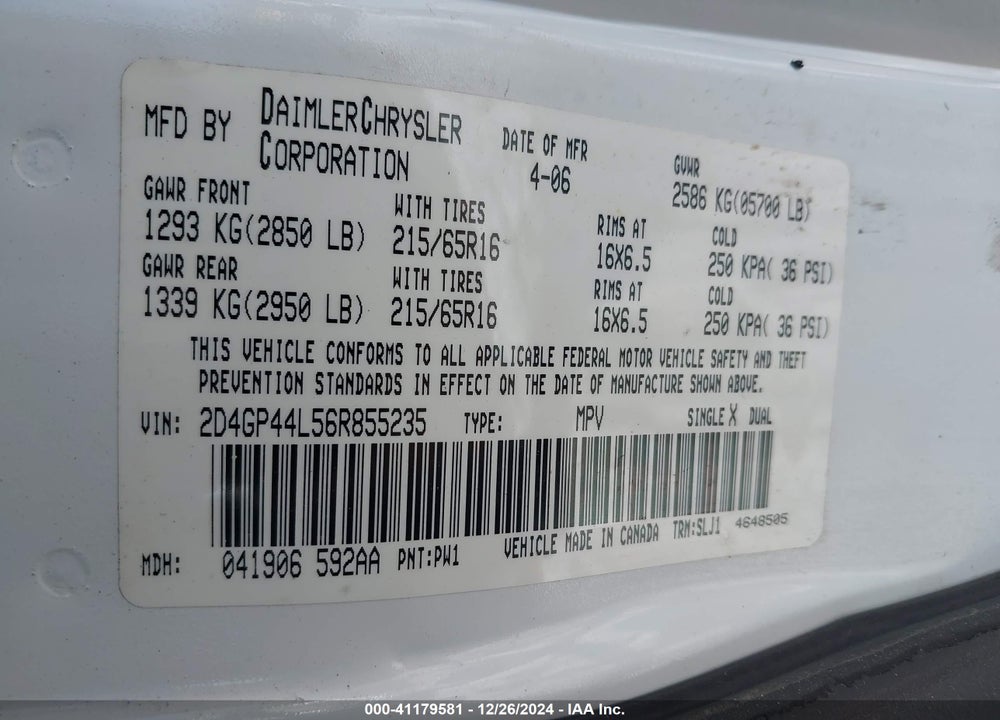 2006 DODGE GRAND CARAVAN SXT VIN: 2D4GP44L56R855235