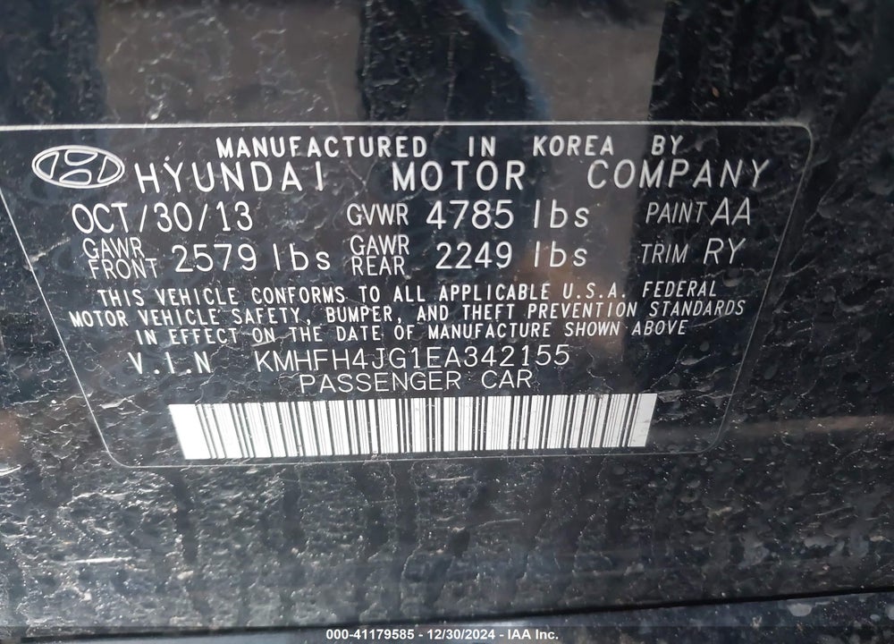 2014 HYUNDAI AZERA VIN: KMHFH4JG1EA342155