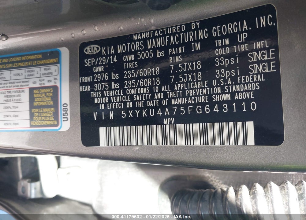 2015 KIA SORENTO EX V6 VIN: 5XYKU4A75FG643110