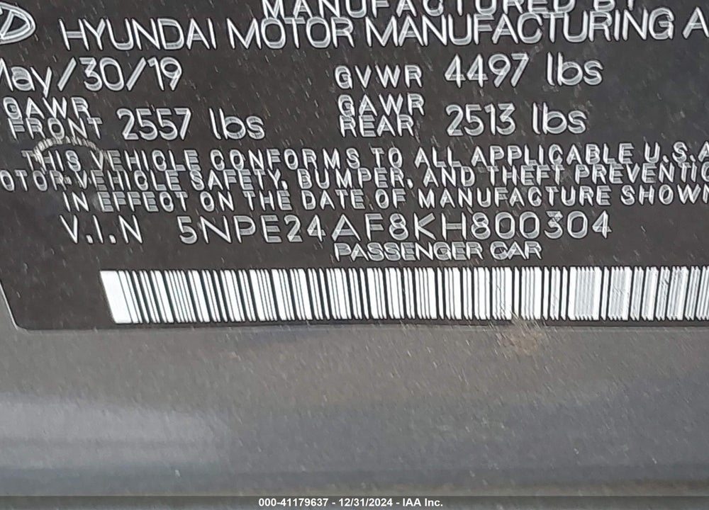 2019 HYUNDAI SONATA VIN: 5NPE24AF8KH800304