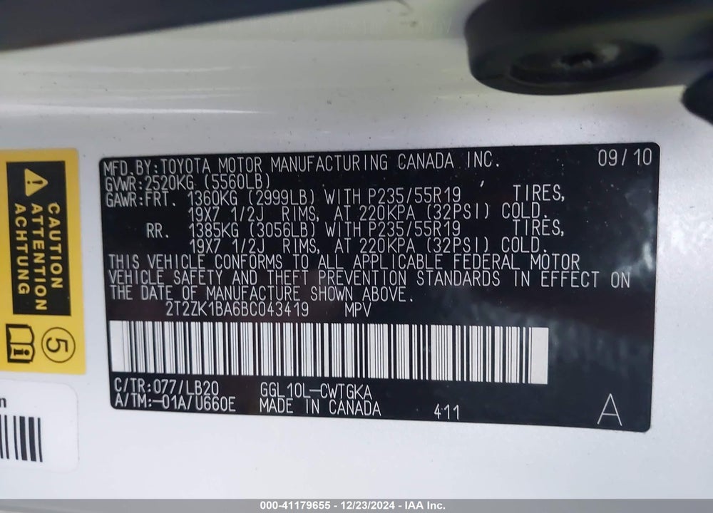 2011 LEXUS RX 350 VIN: 2T2ZK1BA6BC043419
