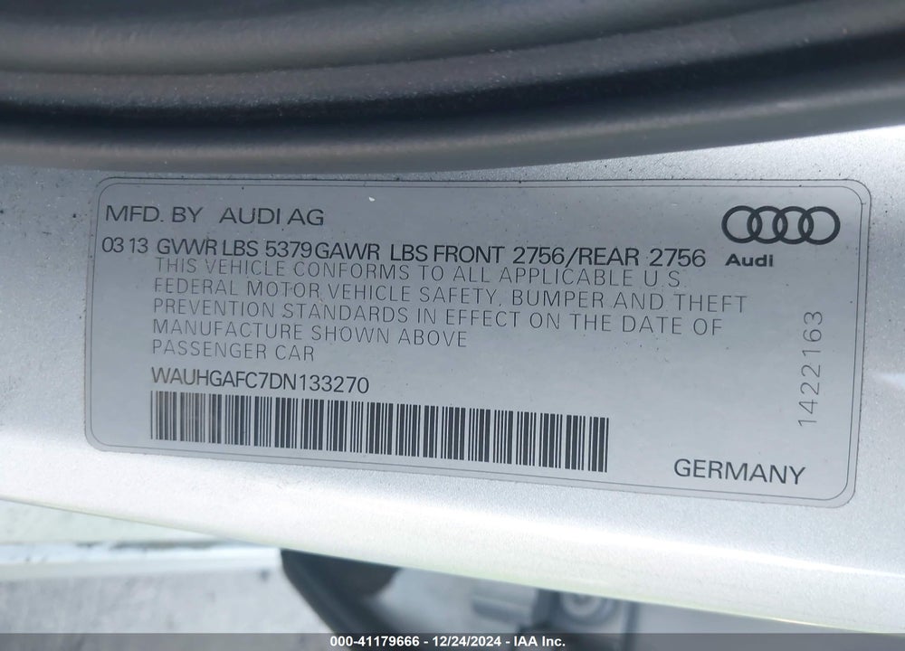 2013 AUDI A6 VIN: WAUHGAFC7DN133270