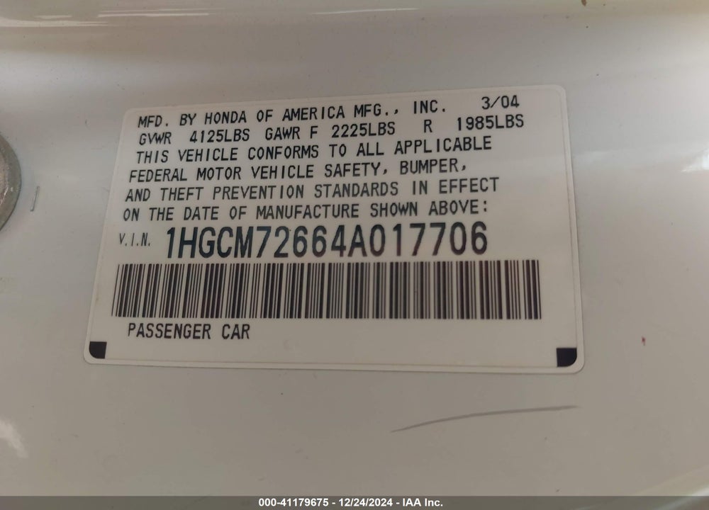 2004 HONDA ACCORD 2.4 EX VIN: 1HGCM72664A017706
