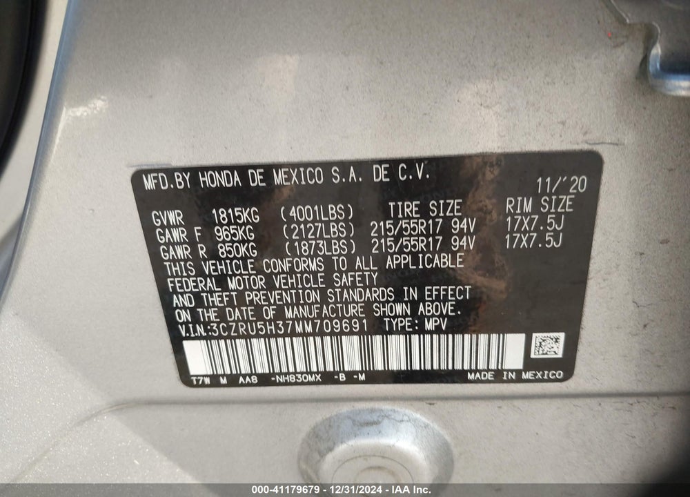 2021 HONDA HR-V 2WD LX VIN: 3CZRU5H37MM709691