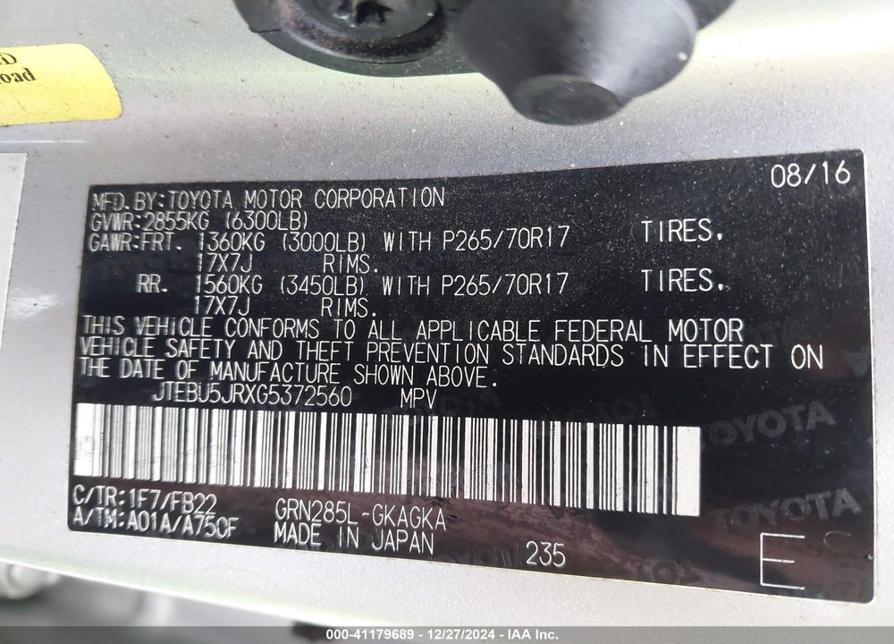 2016 TOYOTA 4RUNNER SR5 VIN: JTEBU5JRXG5372560