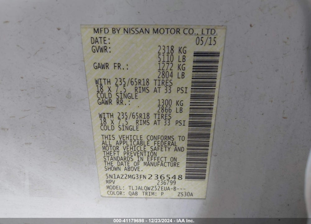 2015 NISSAN MURANO SV VIN: 5N1AZ2MG3FN236548