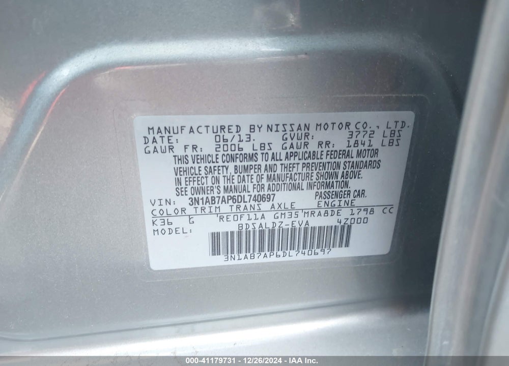2013 NISSAN SENTRA SV VIN: 3N1AB7AP6DL740697