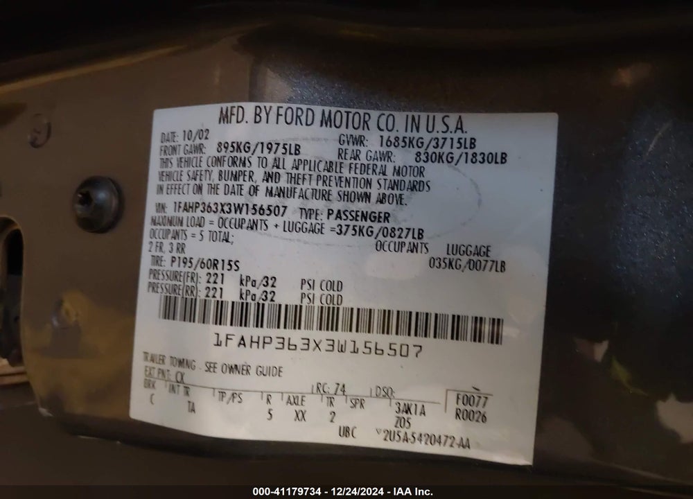 2003 FORD FOCUS SE/ZTW VIN: 1FAHP363X3W156507