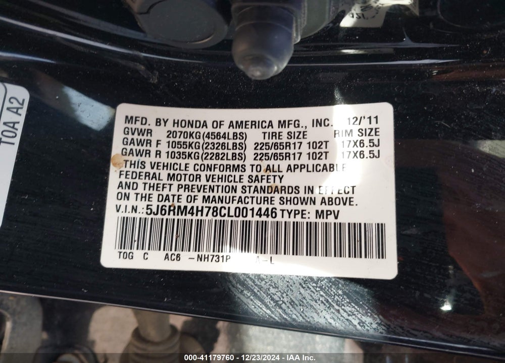 2012 HONDA CR-V EX-L VIN: 5J6RM4H78CL001446