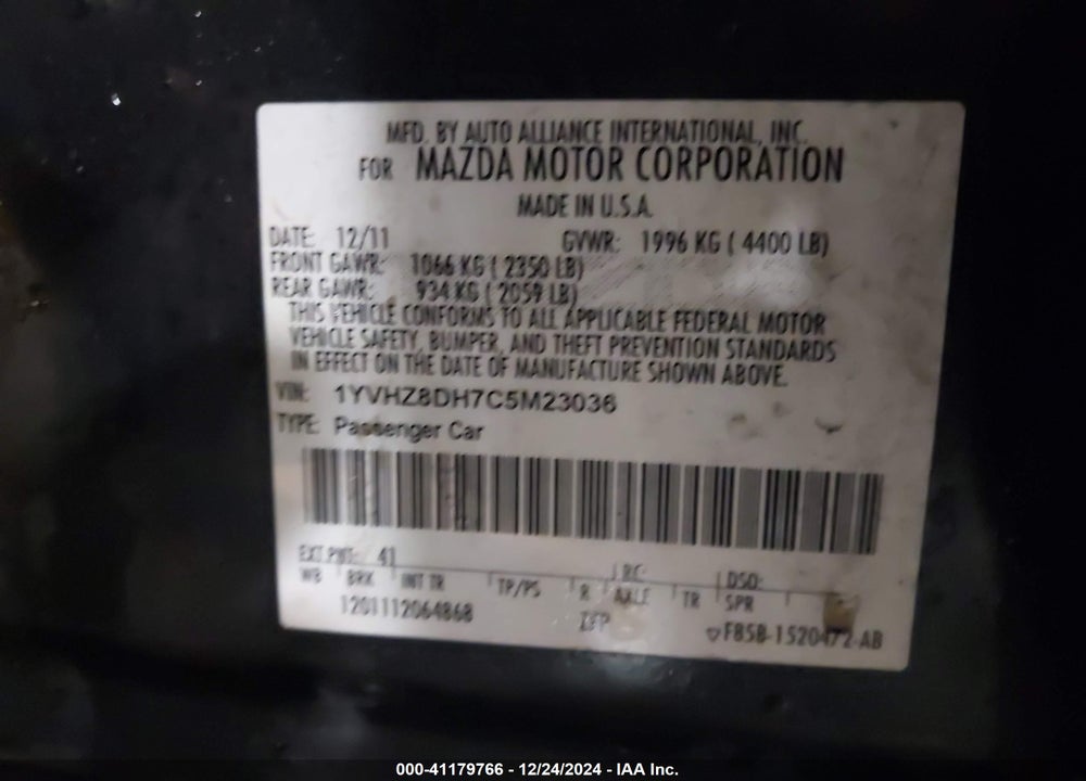 2012 MAZDA 6 I TOURING VIN: 1YVHZ8DH7C5M23036