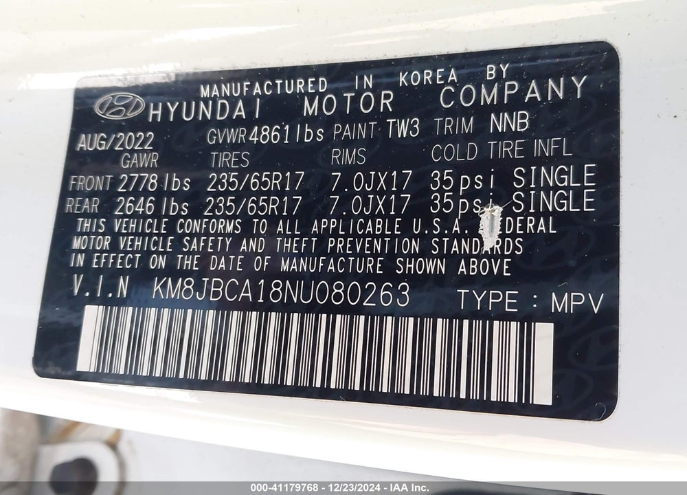 2022 HYUNDAI TUCSON HYBRID VIN: KM8JBCA18NU080263
