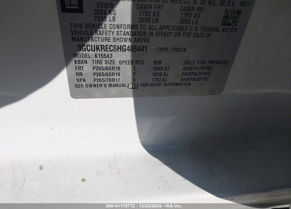 2017 CHEVROLET SILVERADO 1500 VIN: 3GCUKREC6HG406441