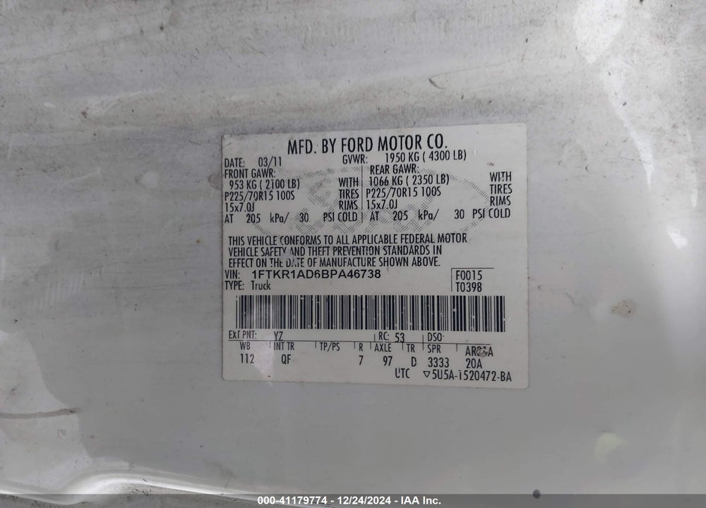 2011 FORD RANGER XL VIN: 1FTKR1AD6BPA46738