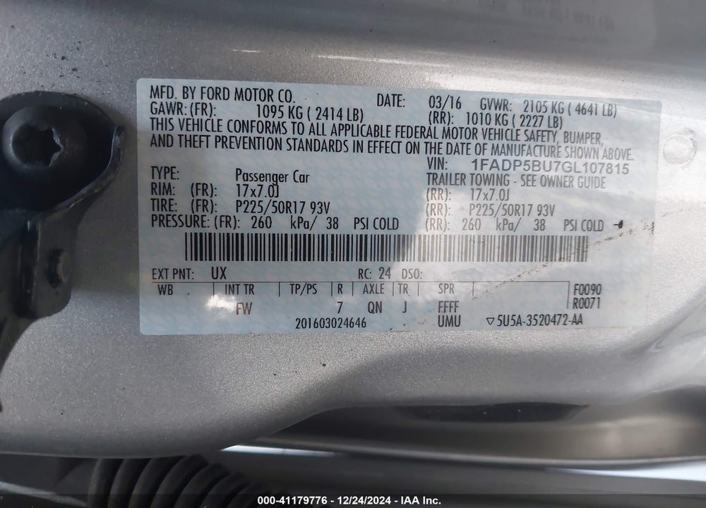 2016 FORD C-MAX HYBRID VIN: 1FADP5BU7GL107815