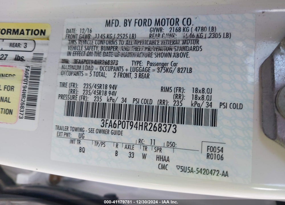 2017 FORD FUSION VIN: 3FA6P0T94HR268373