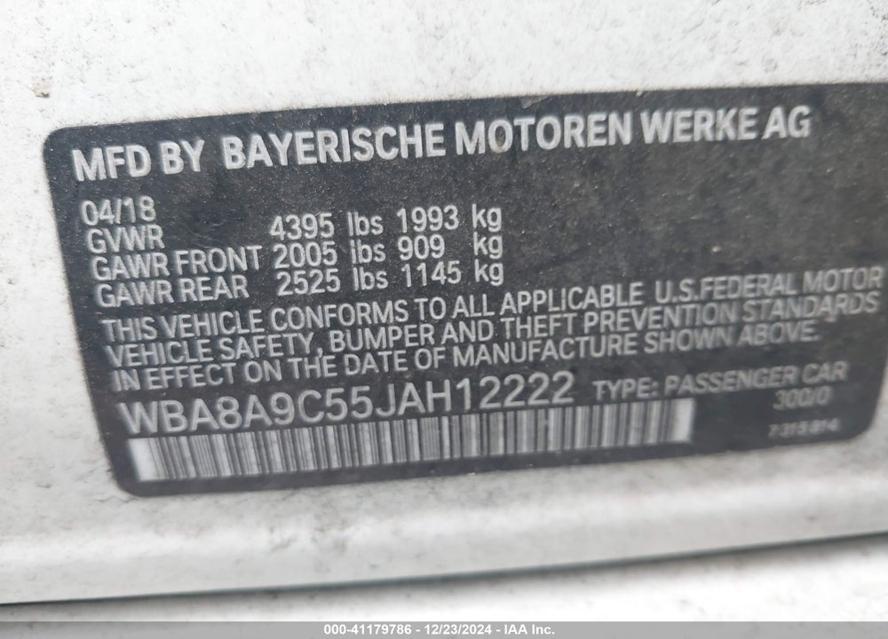 2018 BMW 320I VIN: WBA8A9C55JAH12222